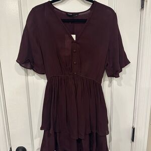 Zara Deep Burgundy Tiered V-Neck Dress